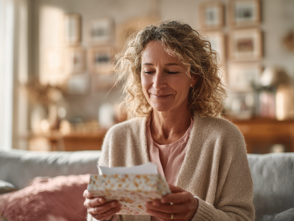Maman émue ouvrant un cadeau personnalisé